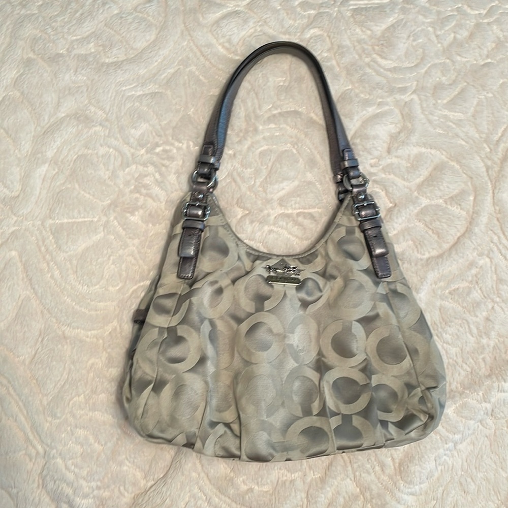 Coach Silver Sateen Fabric Shoulder Bag with Leather Trim